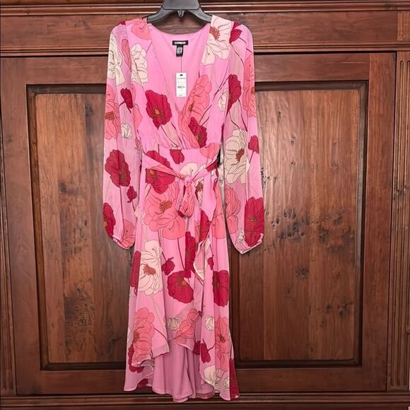 NWT Express Pink Floral Faux Wrap Tie Waist Midi Dress Size S - Picture 3 of 10